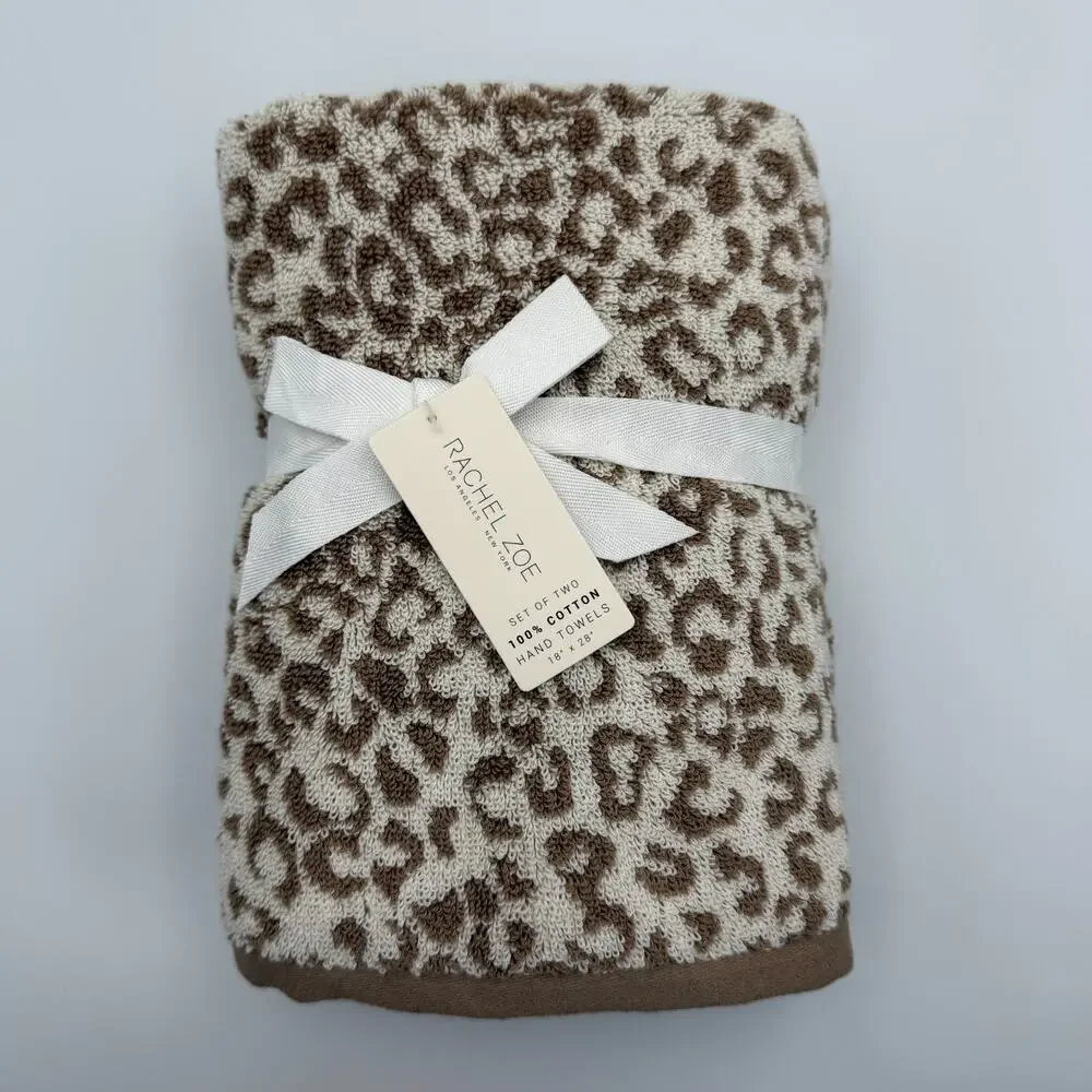 Rachel Zoe Leopard Cheetah Animal Print Hand Towel Set of 2 Ivory Brown 18 x 28
